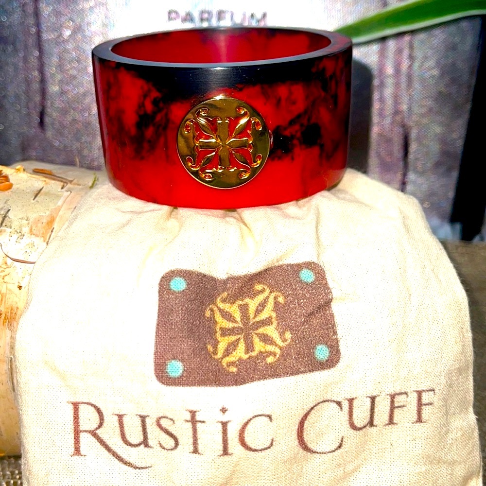 Rustic cuff bracelet bangle red black gold vintage - Picture 3 of 5